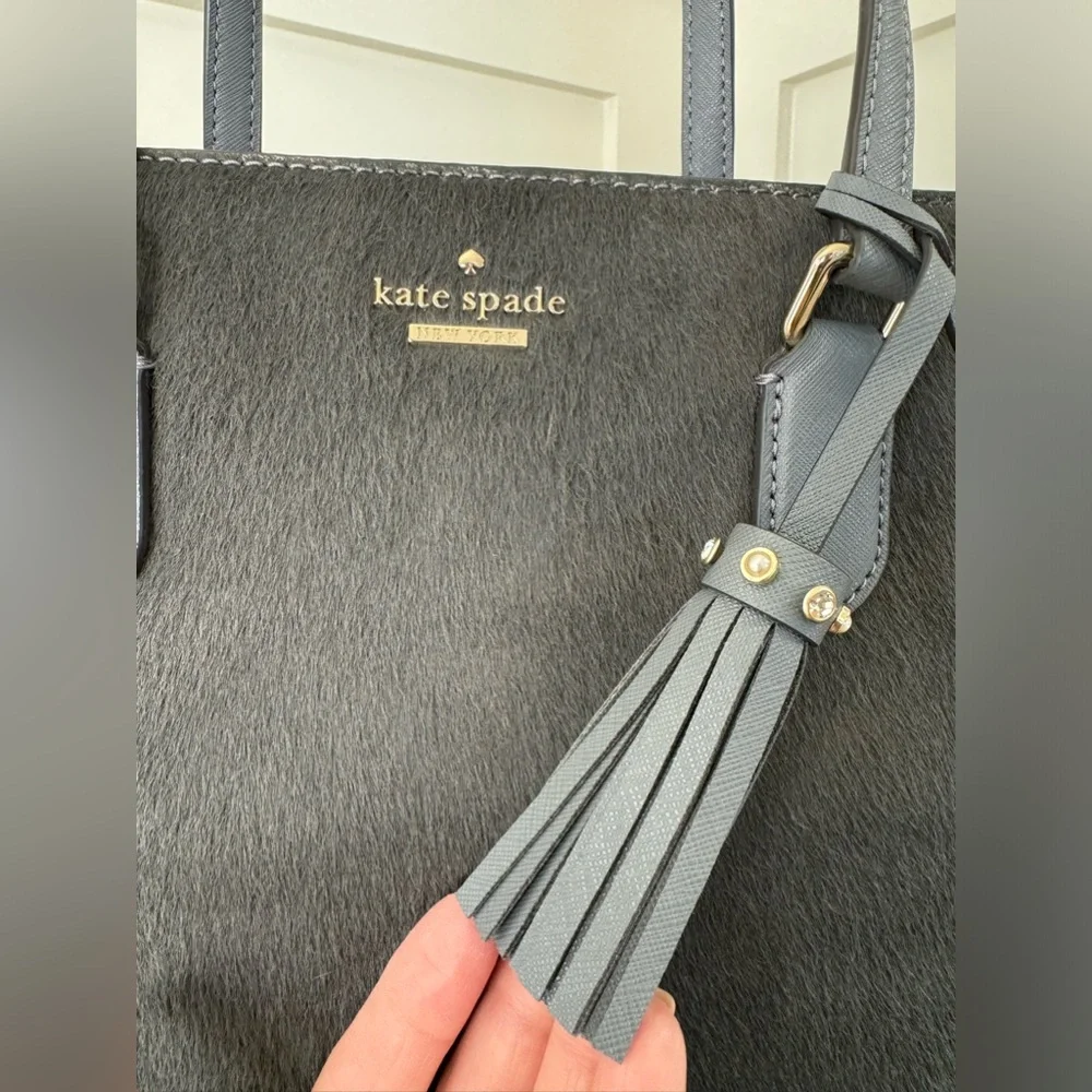 Kate Spade Laurel Way Hadlee Leather with Calf Hair Tote Satchel Gray